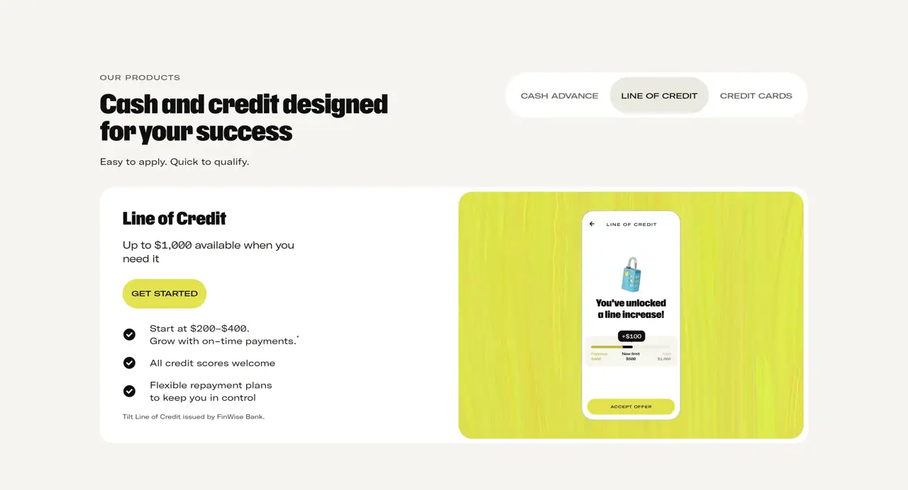 Секция «О продукте» с сайта https://tilt.com/, тематика — Финансы, цвета — Белый, Желтый, стиль — Корпоративный, Минимализм, типографика — Без засечек, Декоративные