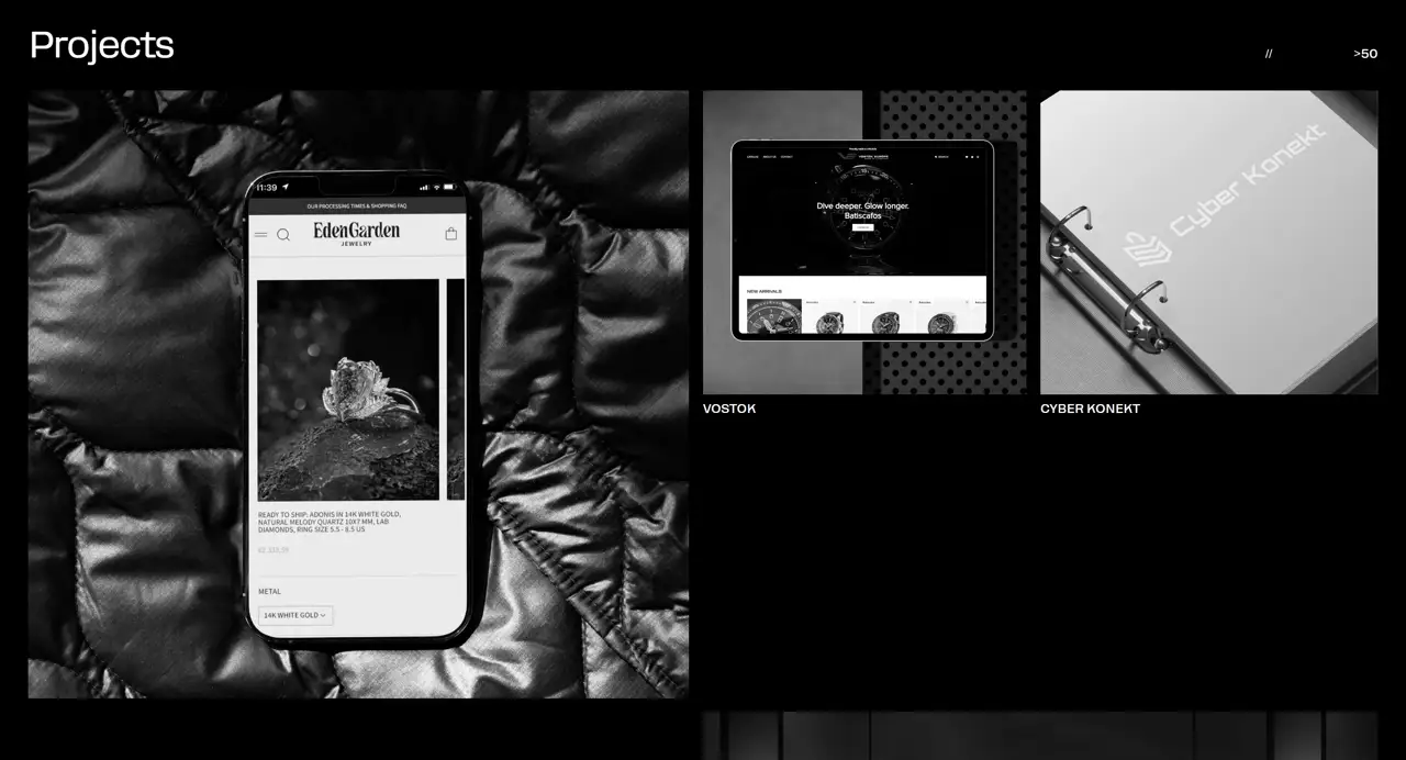 Секция «Портфолио» с сайта https://www.azstudio.agency/, тематика — Агентство , цвета — Черный, Серый, стиль — Корпоративный, Минимализм, типографика — Без засечек