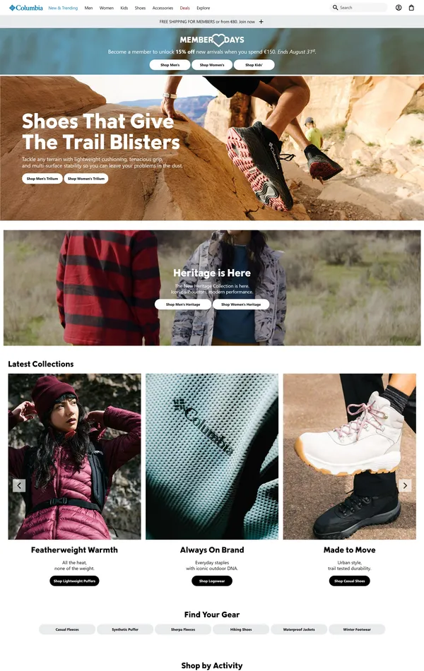Главная Columbia, тематика — Интернет-магазин, Путешествия и туризм, Одежда, цвета — Белый, Черный, Серый, стиль — Корпоративный, типографика — Без засечек