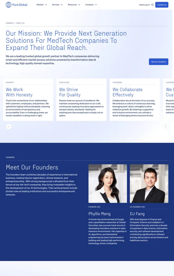 Страница о компании Pure Global, тематика — Бизнес и профессиональные услуги, цвета — Белый, стиль — Корпоративный, типографика — Без засечек