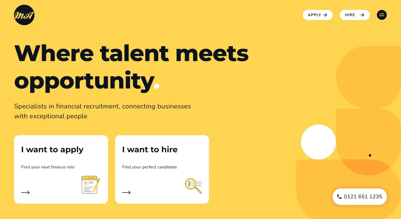 Секция «Первый экран» с сайта https://mitchelladam.co.uk/, тематика — Финансы, цвета — Желтый, Оранжевый, стиль — Корпоративный, Минимализм, типографика — Без засечек