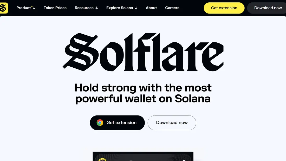 Секция «Первый экран» с сайта https://www.solflare.com/, тематика — Крипто  и блокчейн, цвета — Белый, Черный, Серый, стиль — Корпоративный, Минимализм, типографика — С засечками, Без засечек