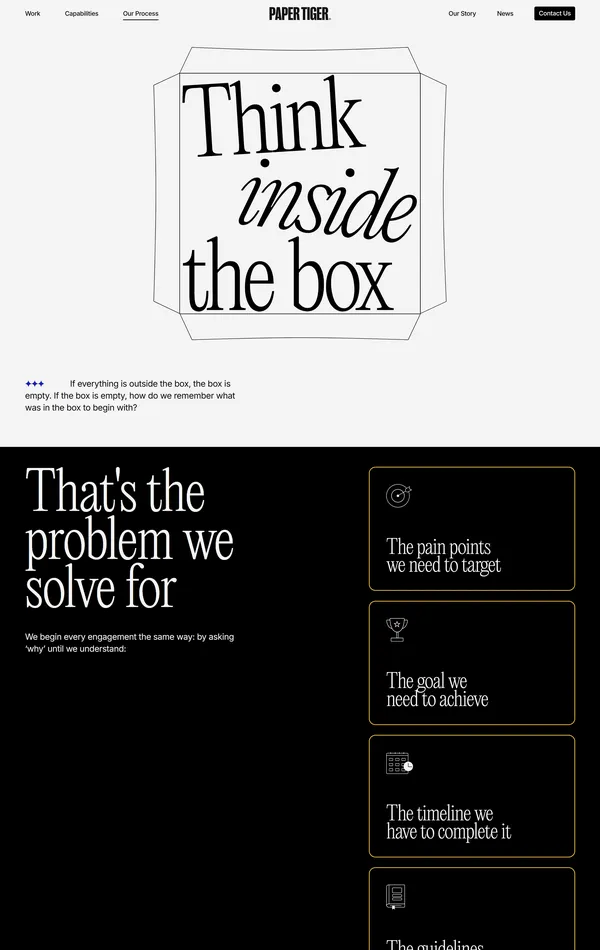 Продукт Paper Tiger, тематика — Агентство , цвета — Белый, Черный, стиль — Минимализм, Типографика, типографика — С засечками, Без засечек