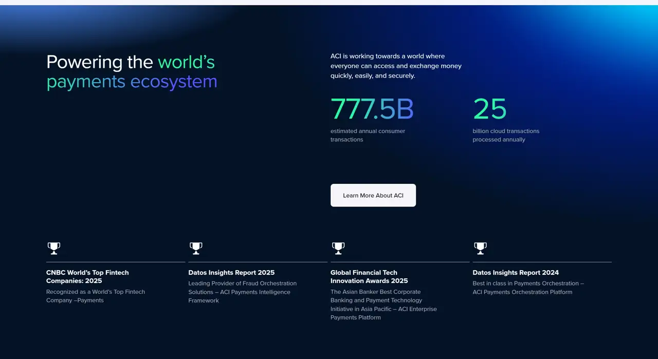Секция «Награды» с сайта https://www.aciworldwide.com/, тематика — Финансы, цвета — Черный, стиль — Корпоративный, Минимализм, типографика — Без засечек