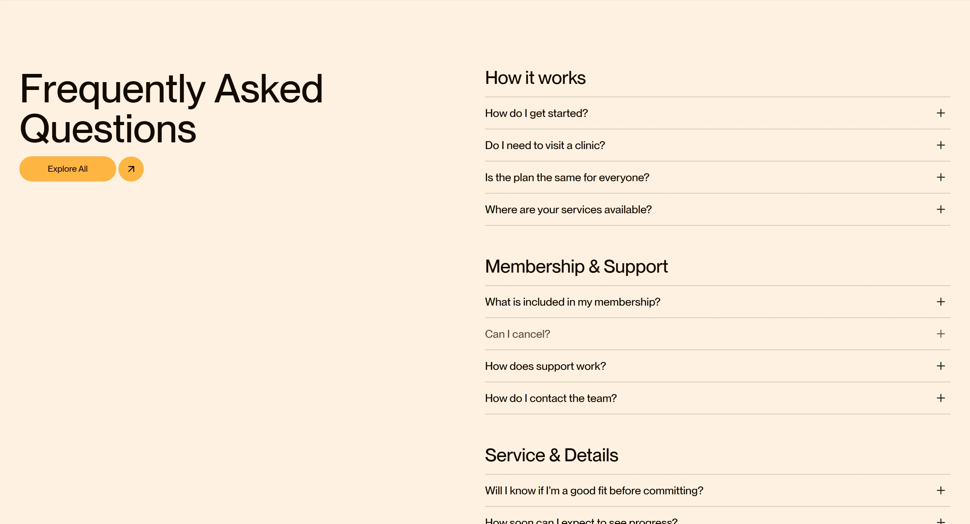A Better Lou Секция «FAQ» с сайта https://abetterlou.com/, тематика — Здоровье и фитнес, цвета — Белый, стиль — Минимализм, типографика — Без засечек