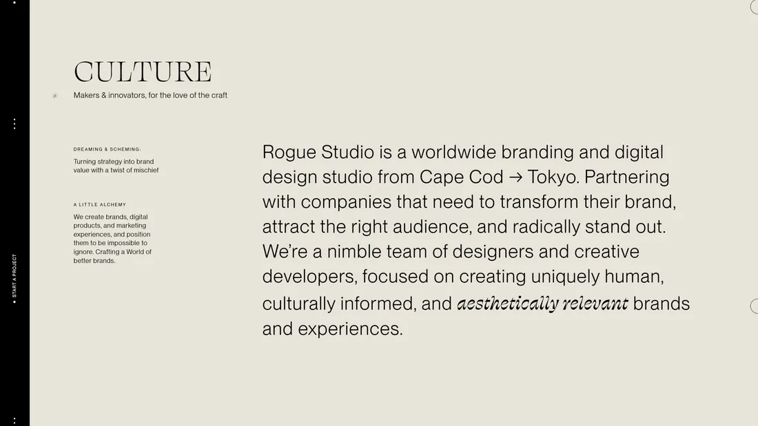 Секция «О компании» с сайта https://rogue.studio/, тематика — Агентство , цвета — Белый, стиль — Минимализм, Типографика, типографика — С засечками, Без засечек, Рукописные