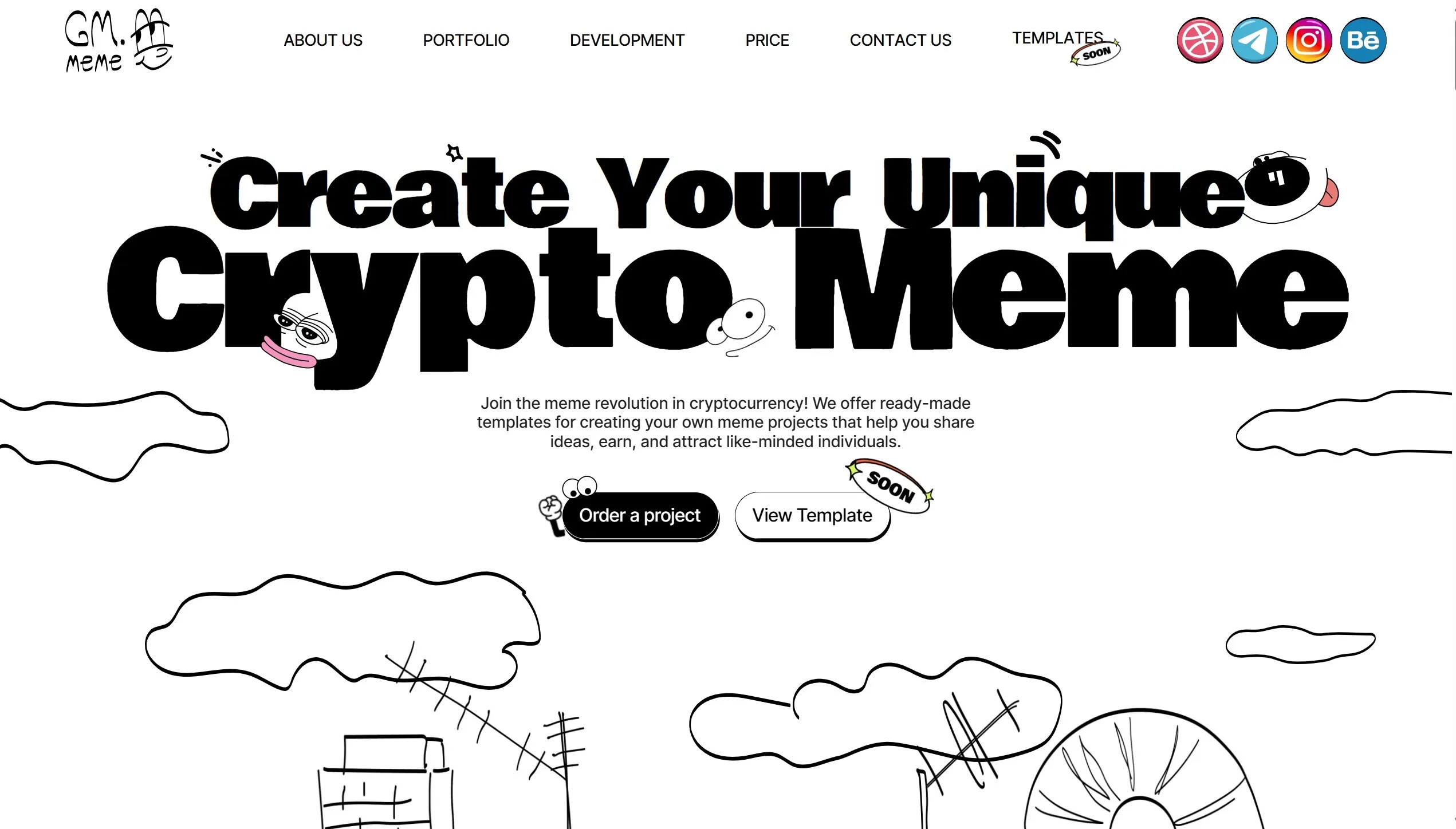 GM Meme Studio Секция «Первый экран» с сайта https://www.gm-meme.com/, тематика — Крипто и блокчейн, цвета — Белый, Черный, стиль — Рисованный, Минимализм, типографика — Декоративные, Без засечек