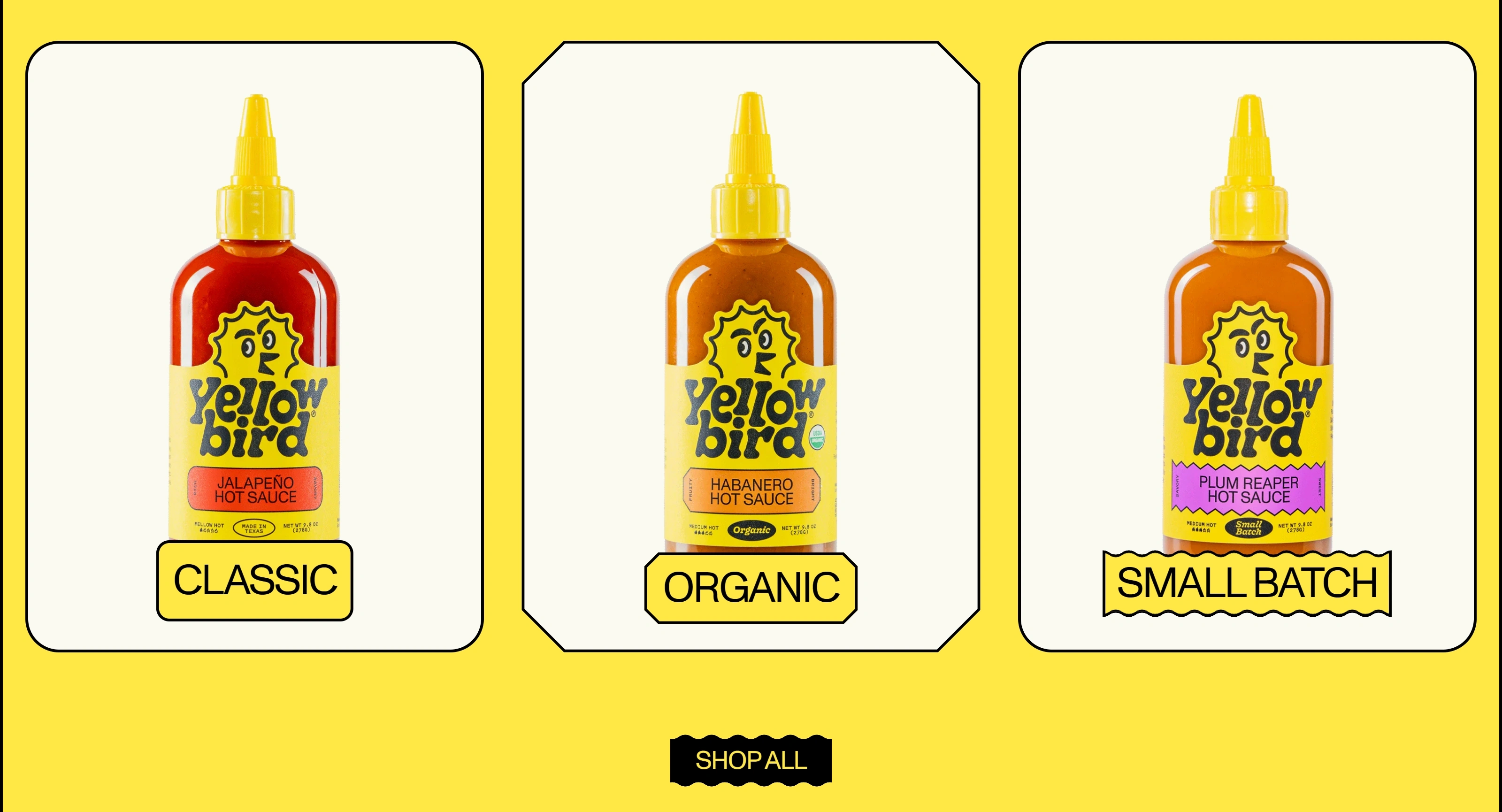 Yellowbird Секция «Товары» с сайта https://www.yellowbirdfoods.com/, тематика — Еда и напитки, цвета — Белый, Желтый, стиль — Карточный, Минимализм, типографика — Декоративные