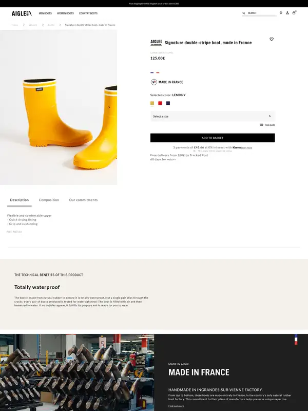 Продукт Aigle, тематика — Одежда, цвета — Белый, Черный, Серый, стиль — Корпоративный, Минимализм, типографика — Без засечек