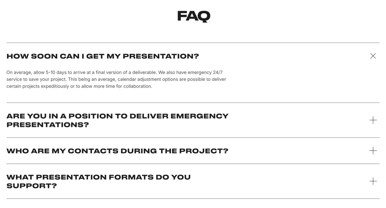 Секция «FAQ» с сайта https://wow-slide.com/, тематика — Агентство , цвета — Белый, Серый, типографика — Без засечек