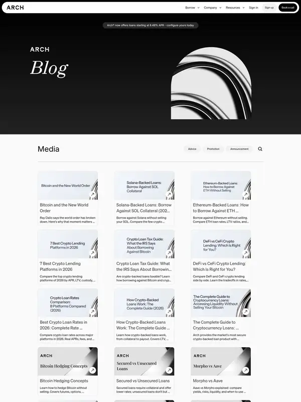 Блог Arch Lending, тематика — Крипто  и блокчейн, цвета — Белый, Черный, стиль — Корпоративный, Минимализм, типографика — Без засечек