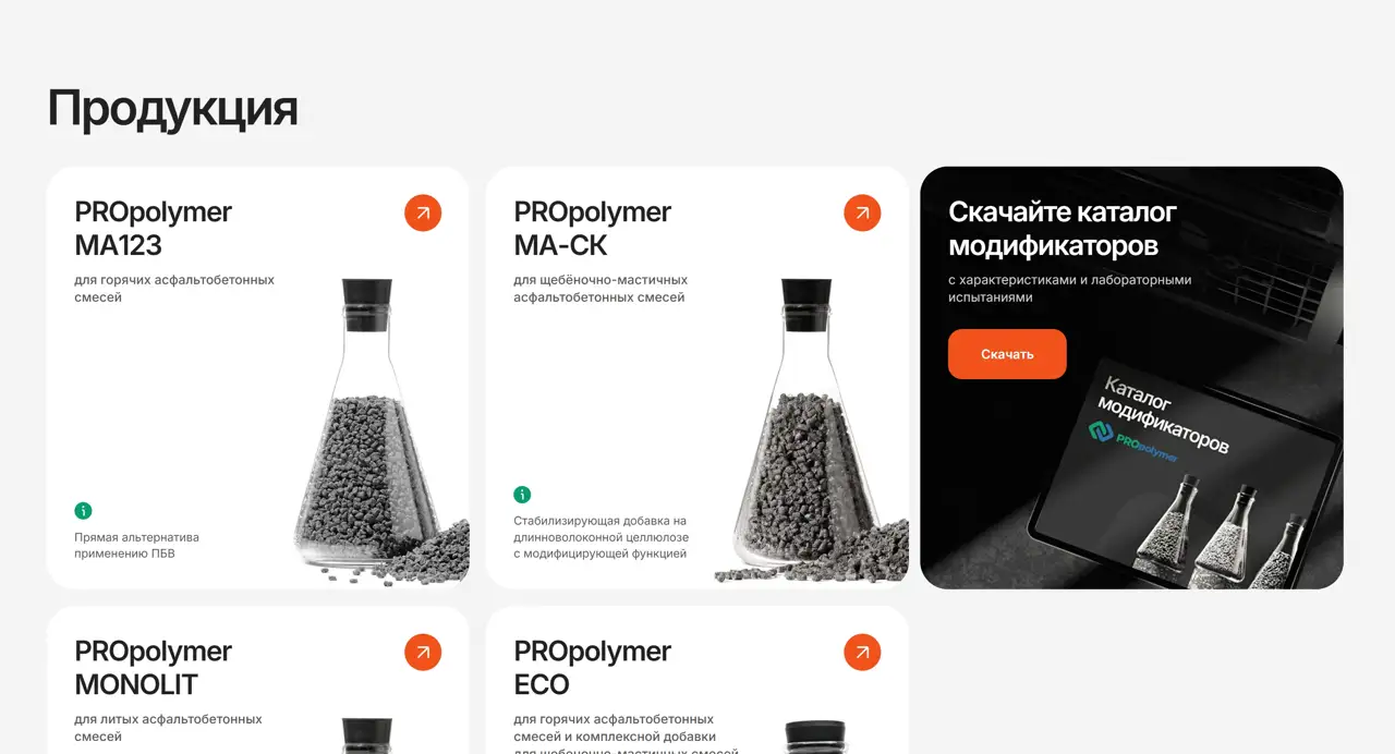 Секция «Товары» с сайта https://plastcor.ru/, тематика — Производство, цвета — Белый, Черный, Серый, стиль — Карточный, Минимализм, типографика — Без засечек