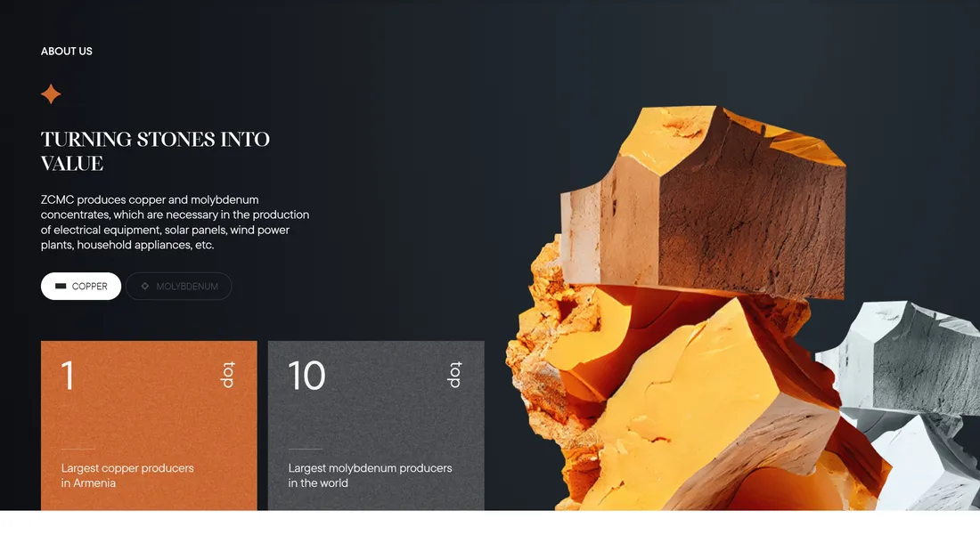 Секция «О компании» с сайта https://zangezur.site/en/, тематика — Производство, цвета — Черный, стиль — Корпоративный, Полигональный, типографика — Без засечек