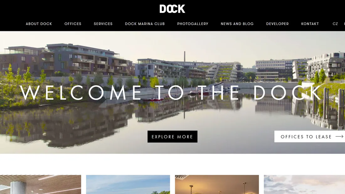 Секция «Первый экран» с сайта https://www.dock.cz/en, тематика — Недвижимость, цвета — Белый, Черный, Серый, стиль — Корпоративный, Минимализм, типографика — Без засечек