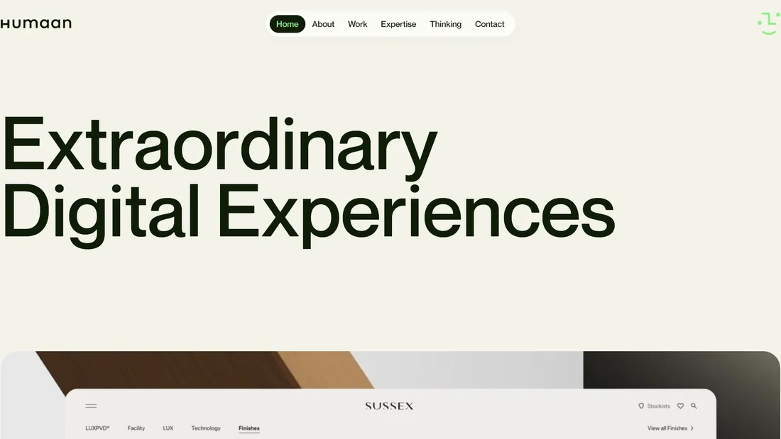 Секция «Первый экран» с сайта https://www.humaan.com/, тематика — Дизайн, цвета — Белый, Серый, стиль — Минимализм, Типографика, типографика — Без засечек