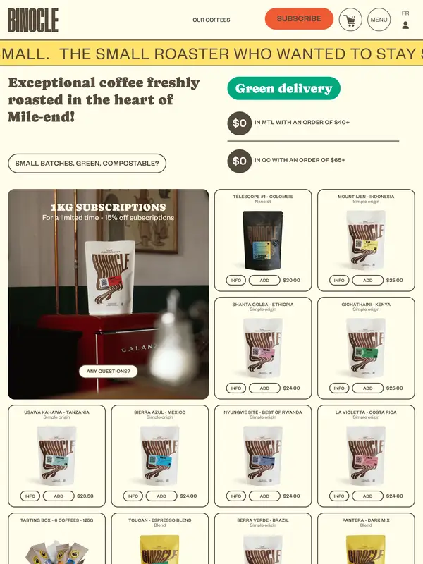 Каталог Café Binocle, тематика — Еда и напитки, цвета — Белый, Серый, стиль — Минимализм, Органический и природный, типографика — Без засечек, Декоративные