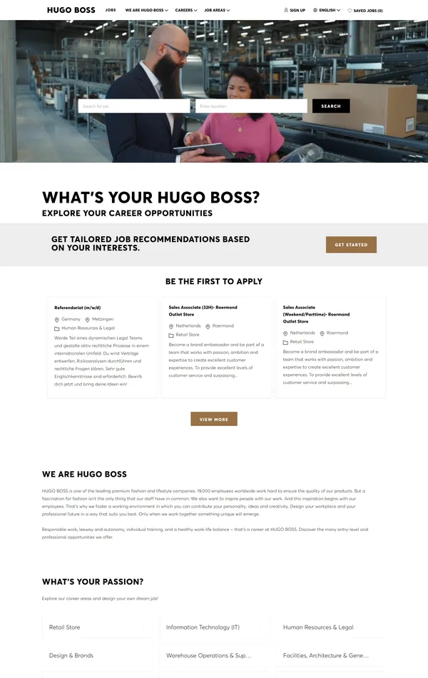 Страница карьеры HUGO BOSS, тематика — Одежда, цвета — Белый, Серый, стиль — Корпоративный, типографика — Без засечек