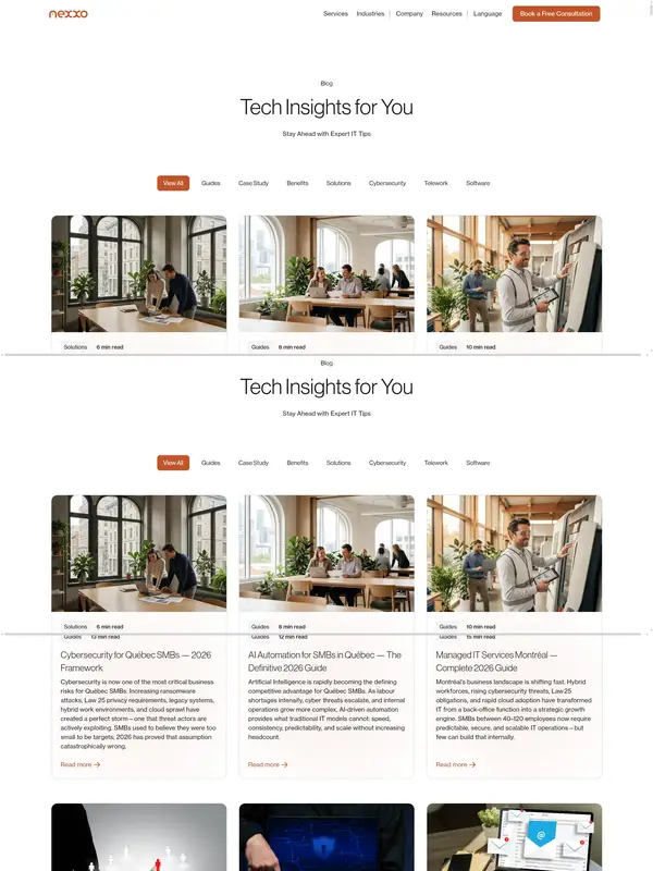 Блог Nexxo Technologies, тематика — IT и программное обеспечение, цвета — Белый, Черный, Серый, стиль — Корпоративный, Карточный, типографика — Без засечек