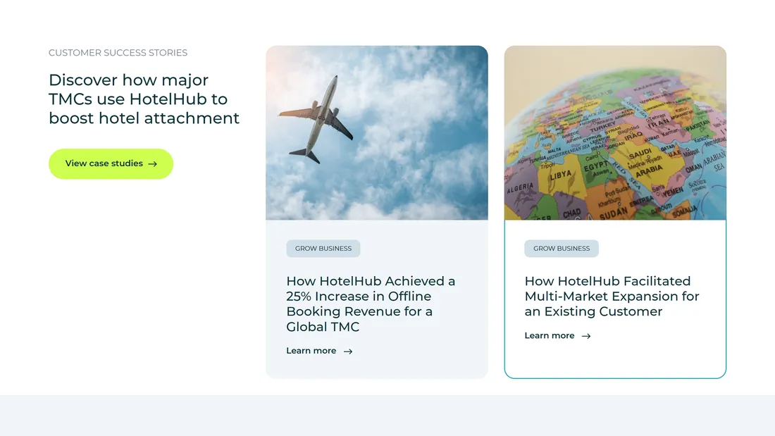 Секция «Кейсы» с сайта https://www.hotelhub.com/, тематика — Путешествия и туризм, цвета — Белый, Серый, стиль — Корпоративный, типографика — Без засечек
