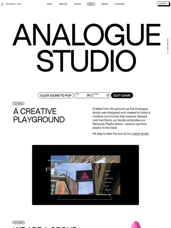 Страница карьеры ANALOGUE, тематика — Агентство , цвета — Белый, Черный, Серый, стиль — Минимализм, Брутализм, типографика — Без засечек, Декоративные