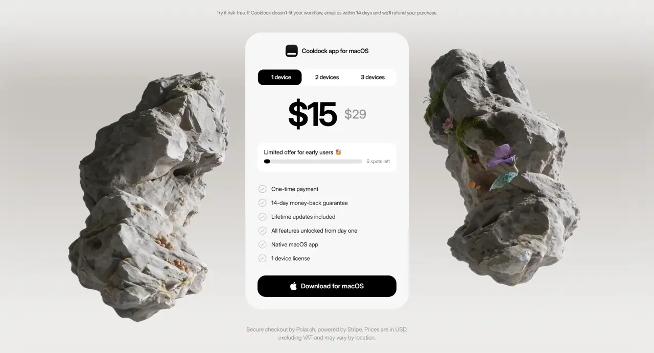 Секция «Цены» с сайта https://www.dock.cool/, тематика — IT и программное обеспечение, цвета — Белый, Черный, Серый, стиль — Минимализм, Брутализм, типографика — Без засечек