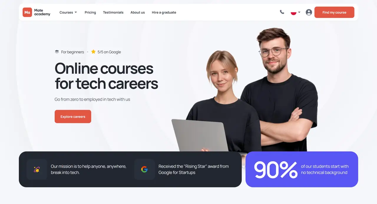 Секция «Первый экран» с сайта https://mate.academy/en, тематика — Образование, цвета — Белый, Черный, Серый, стиль — Корпоративный, Минимализм, типографика — Без засечек