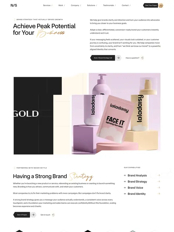 Услуги Never Settle, тематика — Агентство , цвета — Белый, Черный, Серый, стиль — Корпоративный, Минимализм, типографика — Без засечек, Рукописные