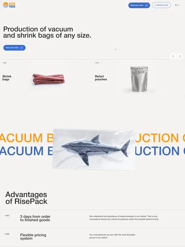 Главная RisePack, тематика — Производство, цвета — Белый, Серый, стиль — Корпоративный, Минимализм, типографика — Без засечек
