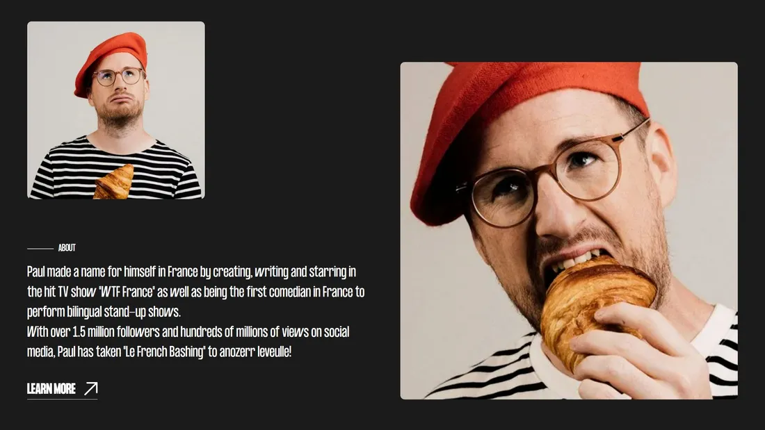 Секция «Об авторе» с сайта https://paultaylorcomedy.com/, тематика — Развлечения, цвета — Белый, Черный, Серый, стиль — Минимализм, типографика — Без засечек