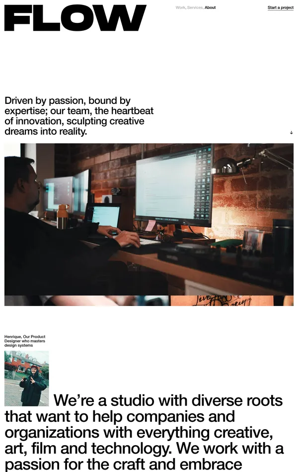 Страница о компании Flow, тематика — Дизайн, цвета — Белый, Черный, Серый, стиль — Корпоративный, Минимализм, Типографика, типографика — Без засечек