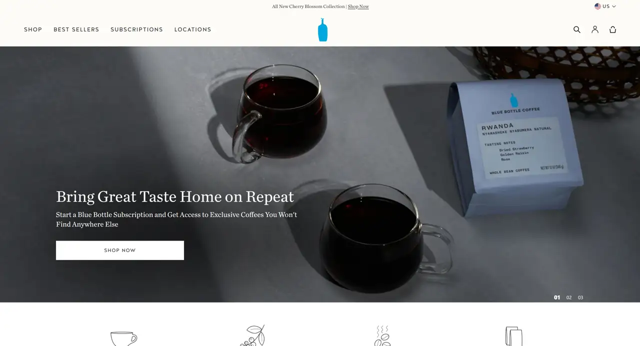 Секция «Первый экран» с сайта https://bluebottlecoffee.com/us/eng, тематика — Еда и напитки, цвета — Черный, Серый, стиль — Корпоративный, Минимализм, типографика — Без засечек