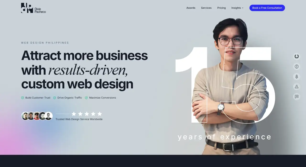 Секция «Первый экран» с сайта https://dixieraizpacheco.com/, тематика — Дизайн, цвета — Белый, Серый, стиль — Корпоративный, Минимализм, типографика — Без засечек