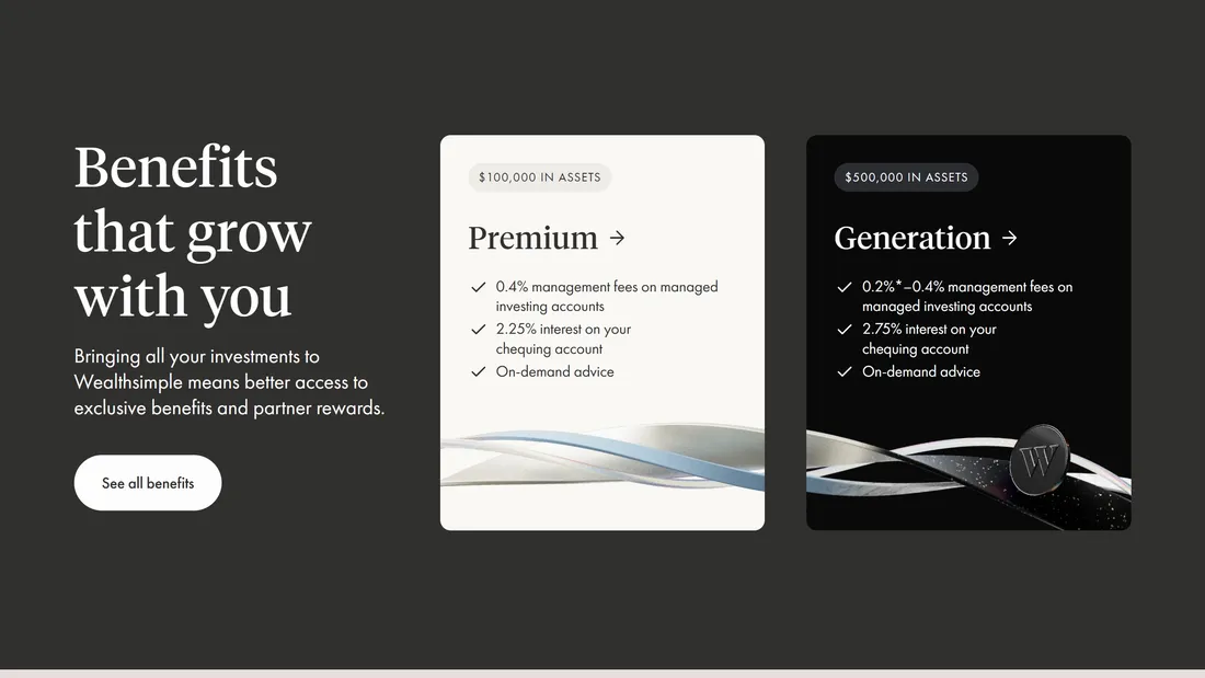 Секция «Преимущества» с сайта https://www.wealthsimple.com/en-ca, тематика — Финансы, цвета — Белый, Черный, стиль — Корпоративный, Минимализм, типографика — С засечками, Без засечек