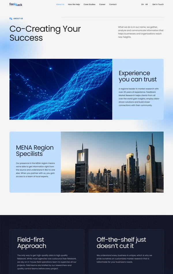 Страница о компании Feedback Marketing Consultants, тематика — Бизнес и профессиональные услуги, цвета — Белый, Черный, Серый, стиль — Корпоративный, типографика — Без засечек