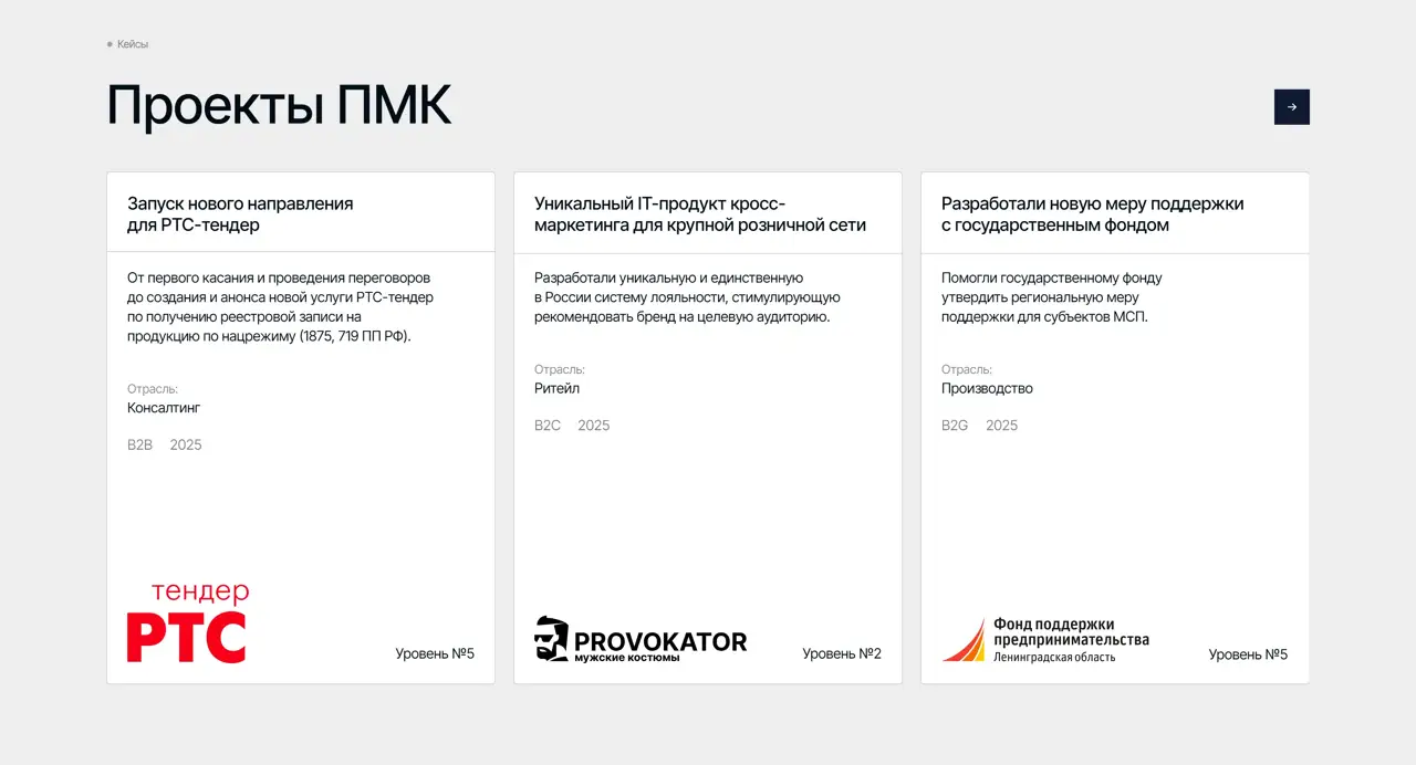 Секция «Кейсы» с сайта https://strategy-marketing.ru/, тематика — Бизнес и профессиональные услуги, цвета — Белый, стиль — Карточный, Минимализм, типографика — Без засечек