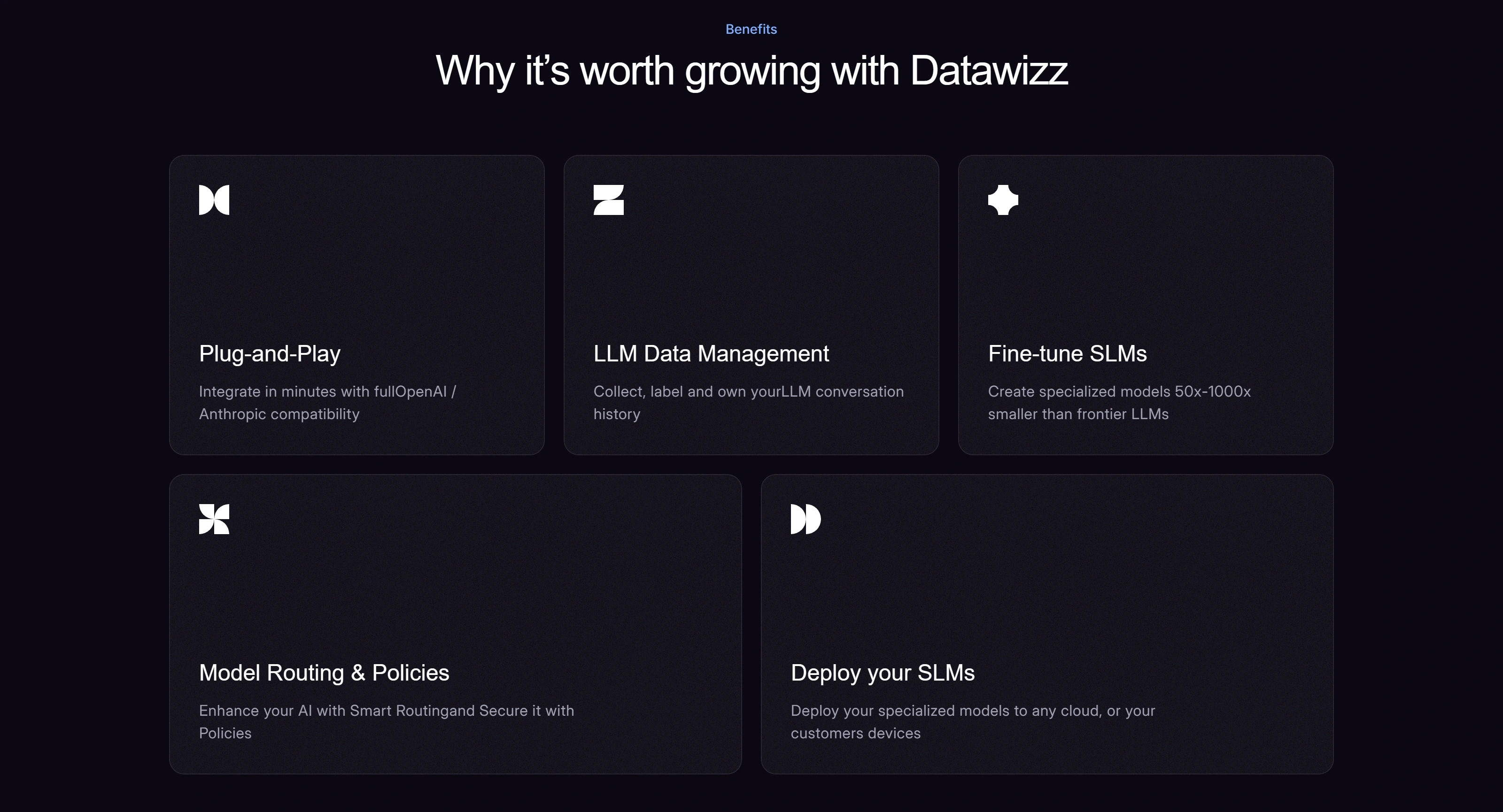 Datawizz Секция «Преимущества» с сайта https://datawizz.framer.website/, тематика — SaaS, цвета — Черный, стиль — Карточный, Минимализм, типографика — Без засечек