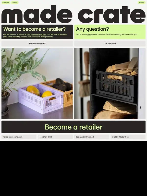 Контакты Made Crate, тематика — Продукт, цвета — Белый, Черный, Серый, стиль — Брутализм, типографика — Без засечек, Декоративные