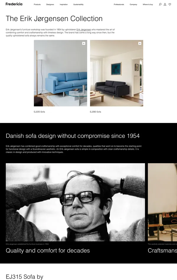 Многостраничный сайт Fredericia, тематика — Дизайн, цвета — Белый, Черный, Серый, стиль — Корпоративный, Минимализм, типографика — Без засечек
