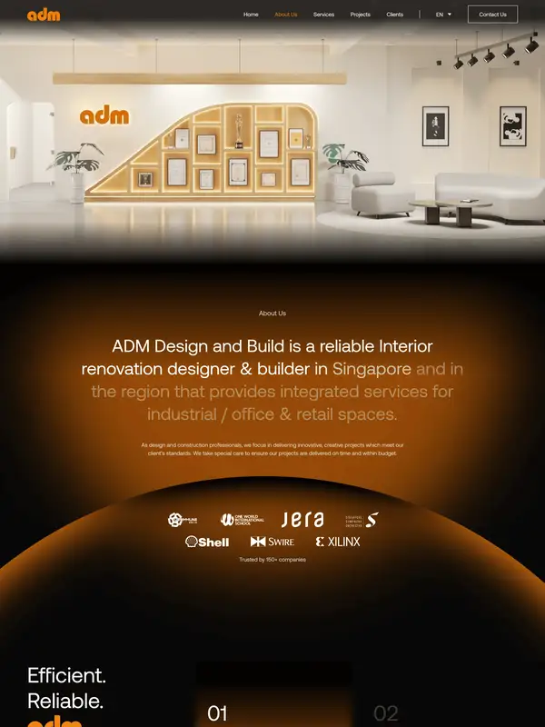 Страница о компании ADM Design and Build, тематика — Дизайн, цвета — Черный, Коричневый, стиль — Корпоративный, Минимализм, типографика — Без засечек, Декоративные