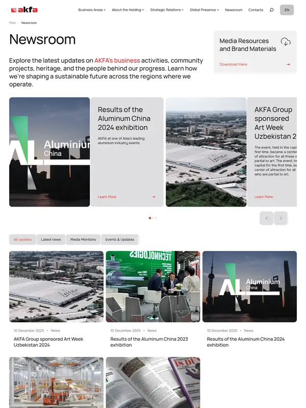 Новости AKFA Holding, тематика — Бизнес и профессиональные услуги, цвета — Белый, Черный, Серый, стиль — Корпоративный, Минимализм, типографика — Без засечек