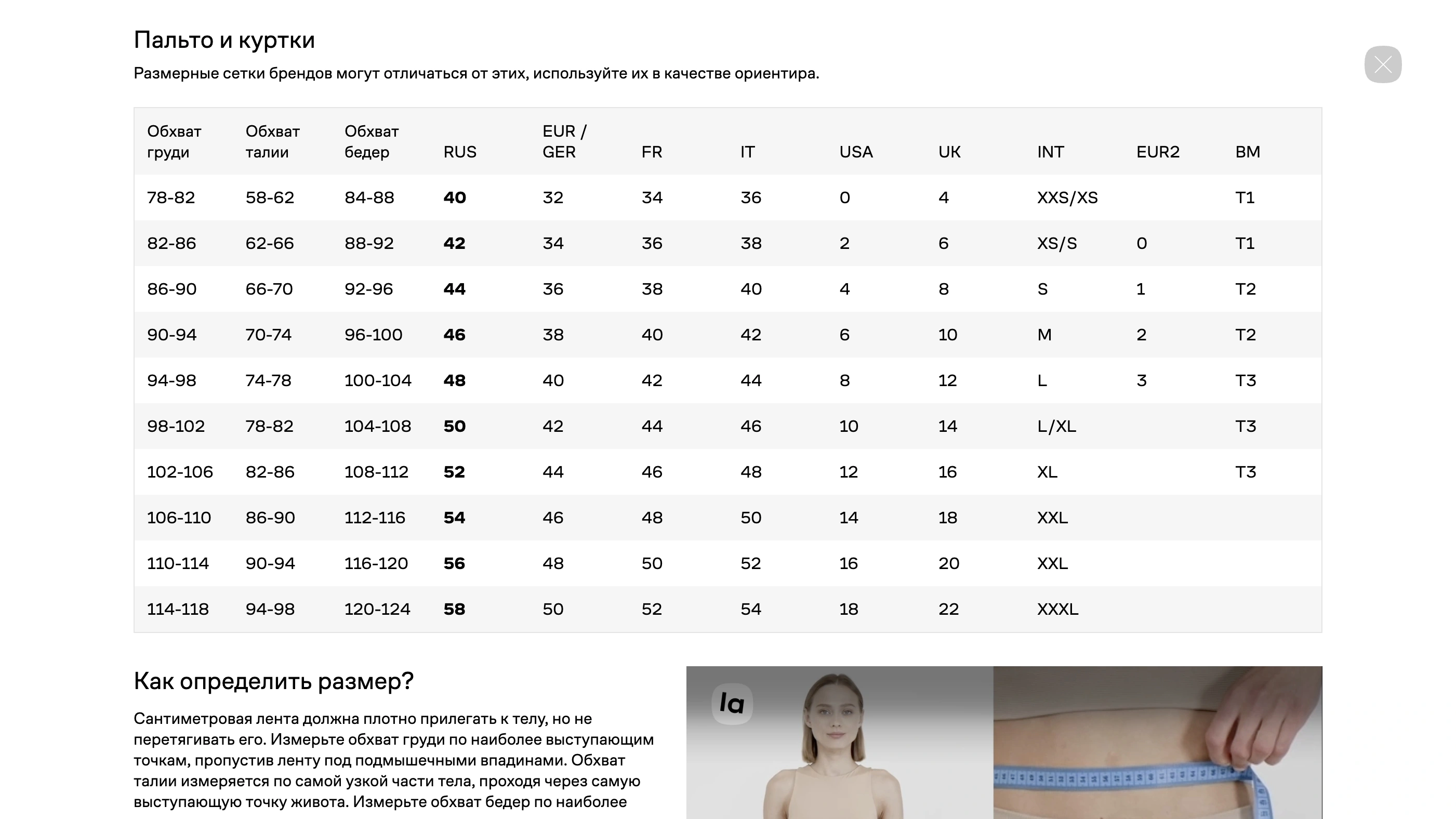 Lamoda Размерная сетка