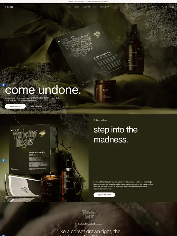 Главная maude, тематика — Интернет-магазин, Здоровье и фитнес, цвета — Черный, Серый, стиль — Гранж, Органический и природный, типографика — Без засечек