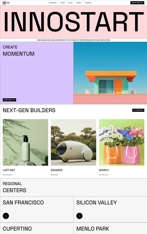 Главная Innostart, тематика — Бизнес и профессиональные услуги, цвета — Белый, Серый, стиль — Брутализм, типографика — Без засечек