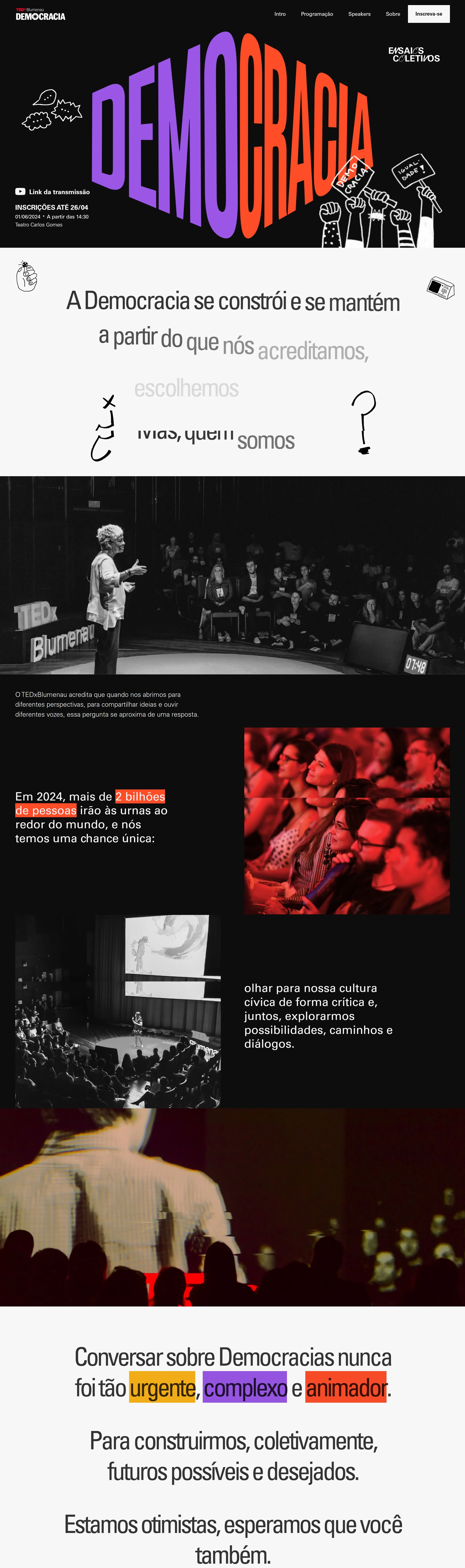 Лендинг TEDx Blumenau, тематика — Мероприятия, цвета — Белый, Черный, стиль — Фестивальный, Типографика, типографика — Без засечек, Рукописные, Декоративные