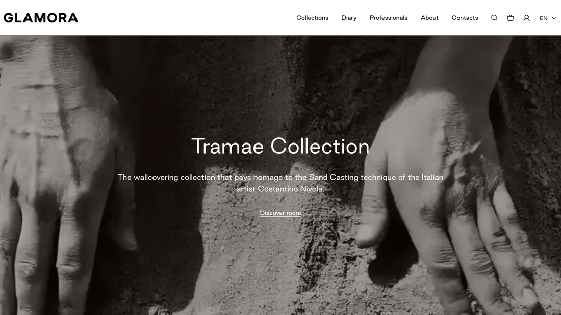 Секция «Первый экран» с сайта https://www.glamora.it/en, тематика — Дизайн, цвета — Белый, Черный, Серый, стиль — Минимализм, типографика — Без засечек