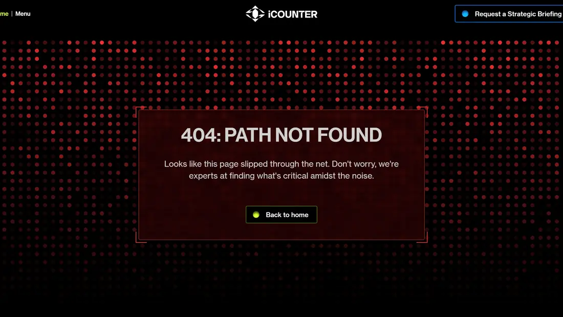 404-страница iCOUNTER, тематика — IT и программное обеспечение, цвета — Черный, стиль — Корпоративный, типографика — Без засечек