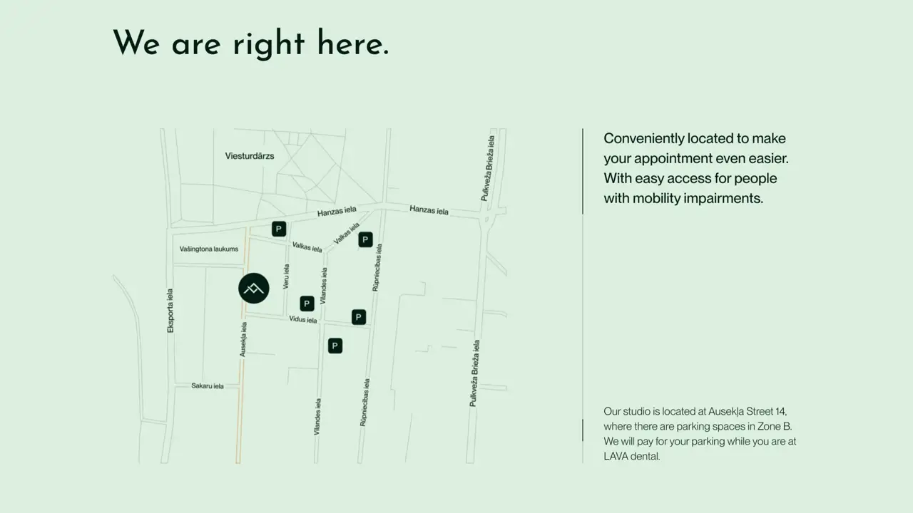 Секция «Контакты» с сайта https://lavadental.lv/en, тематика — Здоровье и фитнес, цвета — Белый, стиль — Минимализм, типографика — Без засечек