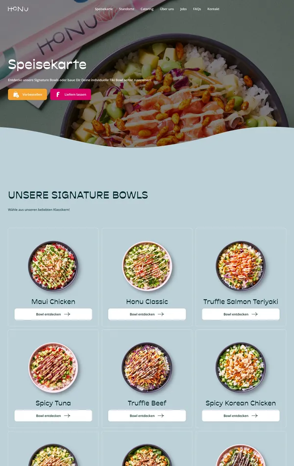 Каталог Honu Tiki Bowls, тематика — Еда и напитки, цвета — Белый, Серый, типографика — Без засечек