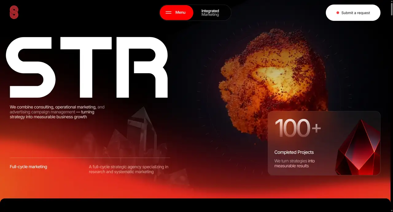 Секция «Первый экран» с сайта https://str8-agency.uz/en, тематика — Агентство , цвета — Черный, Красный, Коричневый, стиль — Корпоративный, Минимализм, типографика — Без засечек, Декоративные