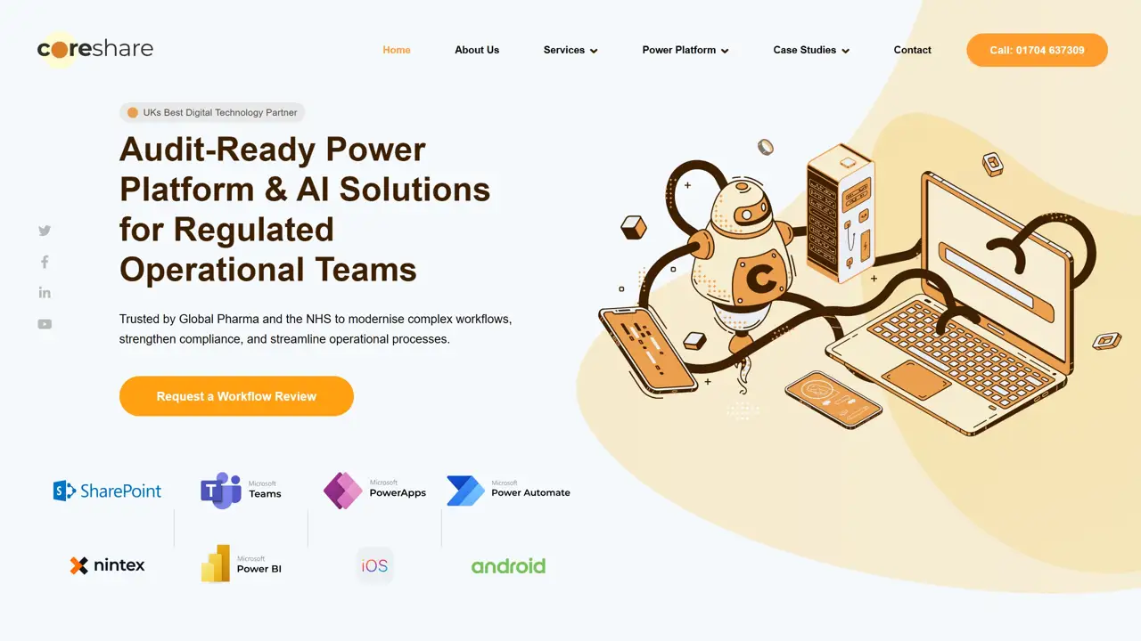 Секция «Первый экран» с сайта https://www.coreshare.co.uk/, тематика — IT и программное обеспечение, цвета — Белый, Серый, стиль — Рисованный, Корпоративный, типографика — Без засечек, Декоративные